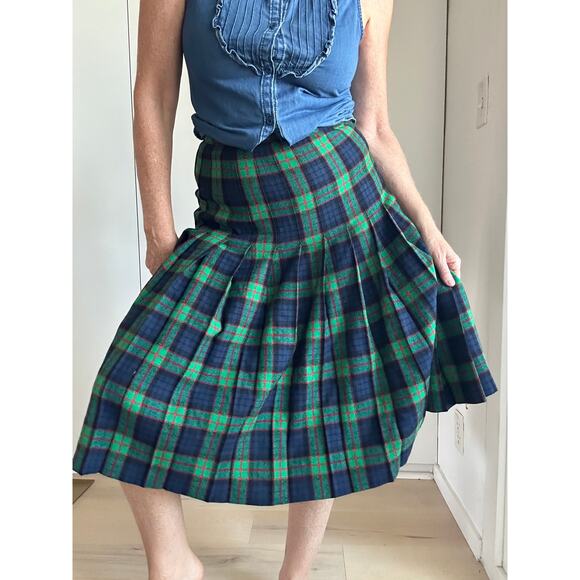 Womens Wool Pleated Skirt Pendleton Baird Tartan Green/Blue Academia Prep W27" - Picture 1 of 11